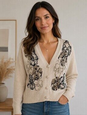VTG JH Collectibles Cardigan Silk Blend Cream Floral Accent Sz L Grandmacore
